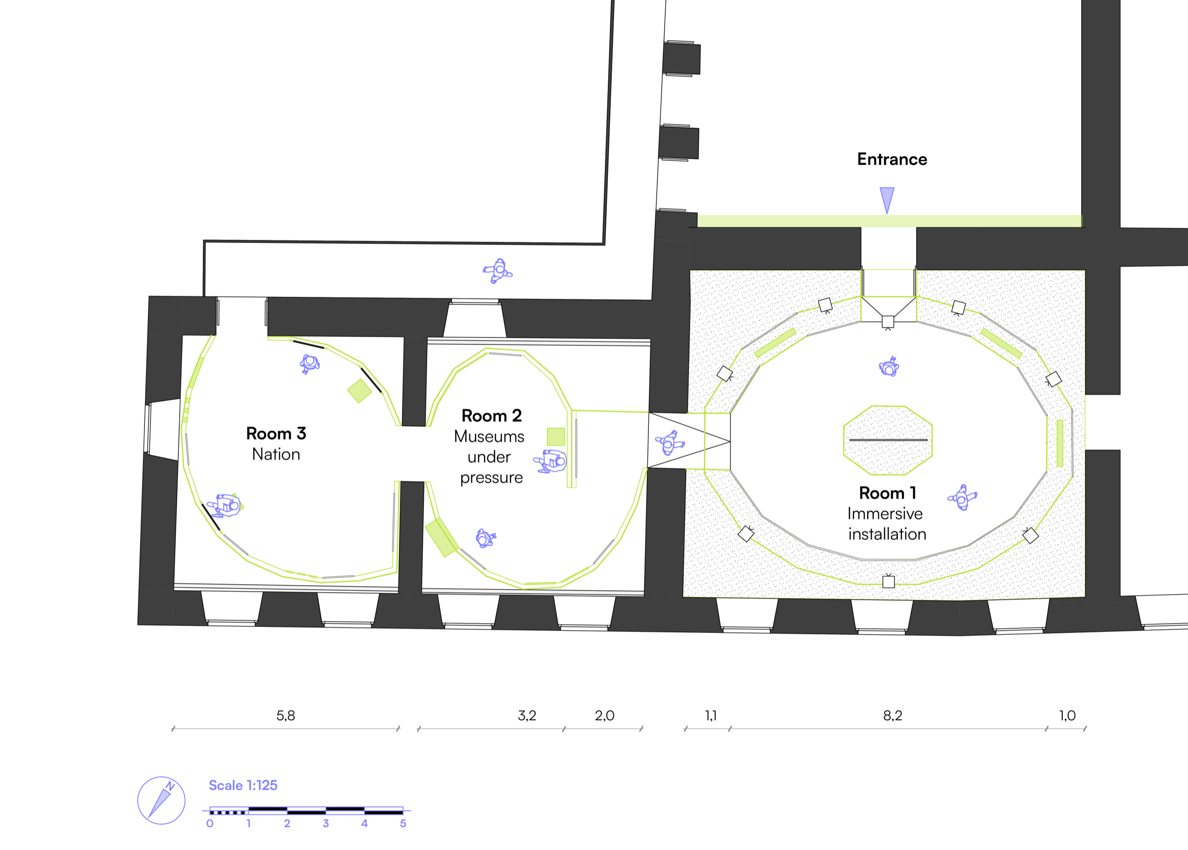 Floor plan of the second floor of the Graz Museum with the three exhibition rooms and the visitor route